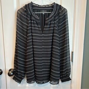 Investments Women’s Black & White Patterned Long Sheer Sleeve Ruffle Neck Top SM
